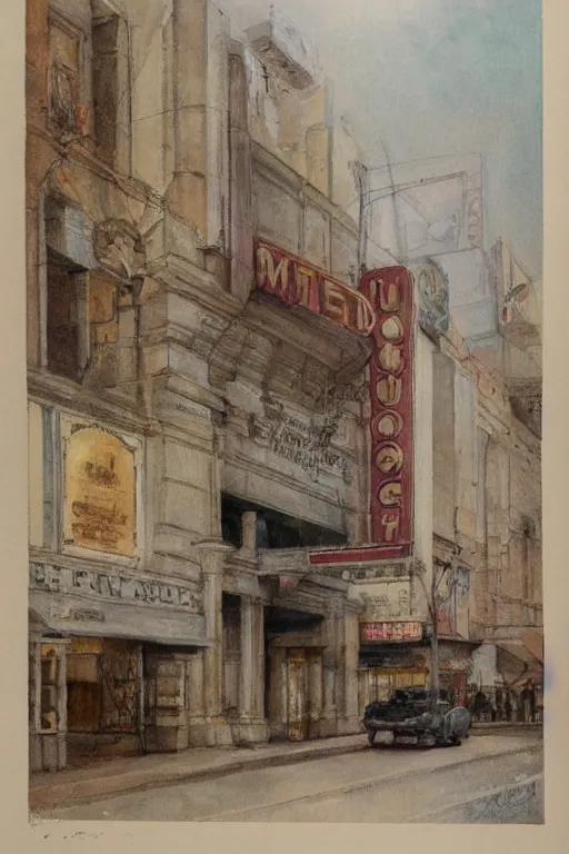 Prompt: ( ( ( ( ( 1 9 5 0 s old movie theater building. muted colors. ) ) ) ) ) by jean - baptiste monge!!!!!!!!!!!!!!!!!!!!!!!!!!!