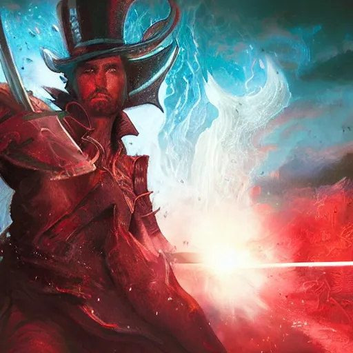 Image similar to Fantasy digital art for magic the gathering card, a close-up shot of a sword with a gun as the hilt currently across the back of a cowboy, red in the background with images of battle all around