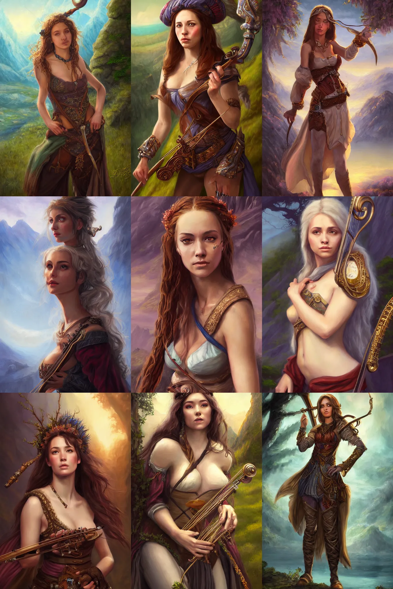 Image similar to a full body high detail fantasy portrait oil painting illustration of a single beautiful female bard by justin sweet with face and body clearly visible, in a scenic background, pretty eyes, realistic proportions, d & d, rpg, forgotten realms, artstation trending, high quality, sombre mood, artstation trending, muted colours, entire person visible!