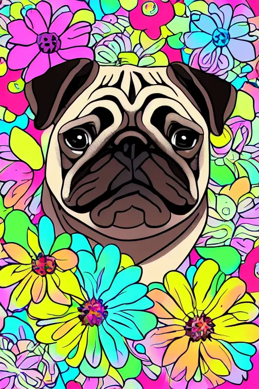 Image similar to portrait of a flower pug, art by milka oxana, sticker, colorful, illustration, highly detailed, simple, smooth and clean vector curves, no jagged lines, vector art, smooth