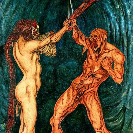 Image similar to A body art of two people, one a demon and the other a human, fighting each other with swords. winter, buff by Ernst Fuchs a e s t h e t i c