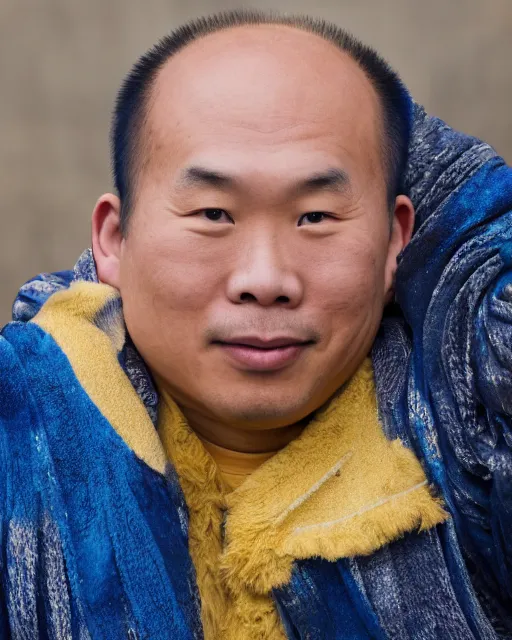 Image similar to gold, blue, photo of a balding asian male, 8 k, 8 5 mm f 1. 8