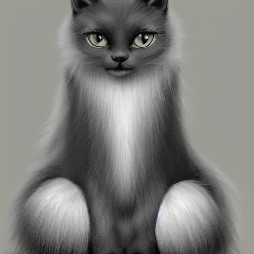 Prompt: beautiful dark grey cat with white belly, white paws and white face markings with long fur and fluffy tail sitting, intricate, elegant, highly detailed, digital painting, artstation, concept art, matte,