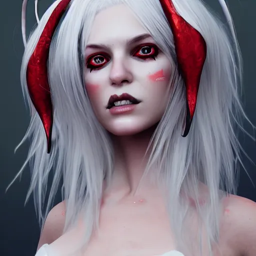 Image similar to a highly detailed portrait of a humanoid demon girl with white hair, red horns, in white clothes, artstation, deviantart, professional, unreal engine 5, photorealistic