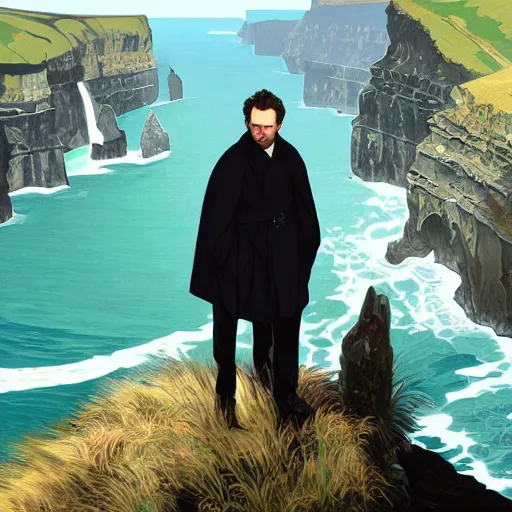 Image similar to portrait of michael sheen watching over the cliffs of moher, elegant, highly detailed, digital painting, artstation, concept art, matte, sharp focus, illustration, art by artgerm and alphonse mucha