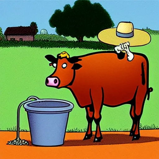 Image similar to a cow points at a bucket, illustrated by gary larson