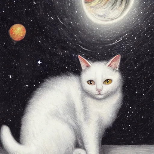 Prompt: a painting of a black and white cat in a scenic environment by johfra bosschart, hyperdetailed, beautiful, stars, planets, nebula, trending on artstation