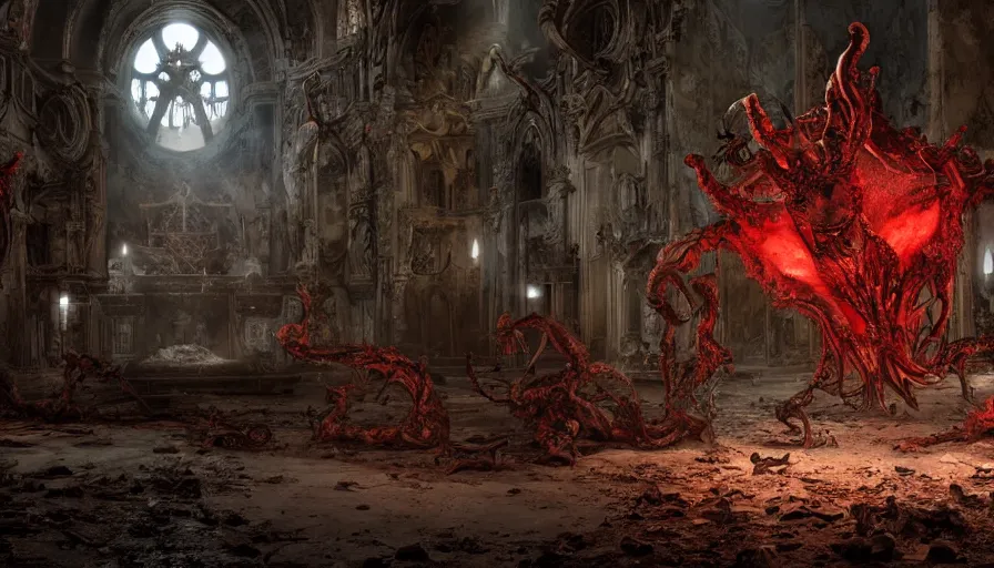 Prompt: biomechanical demons battle astaroth lovecraftian monsters in an abandoned church in the vatican, 8 k, soft lighting, hdr, octane render, cinematic, red fluid on walls of the church, smoke, yasushi nirasawa style photorealistic, bokeh