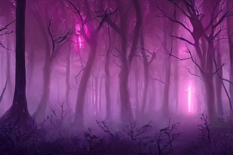 Image similar to ancient magical dark forest, tall purple and pink trees, moonlit, winding path lined with bioluminescent mushrooms, neonlike fireflies, pale blue fog, mysterious, eyes in the trees, cinematic lighting, photorealism, world of warcraft concept art