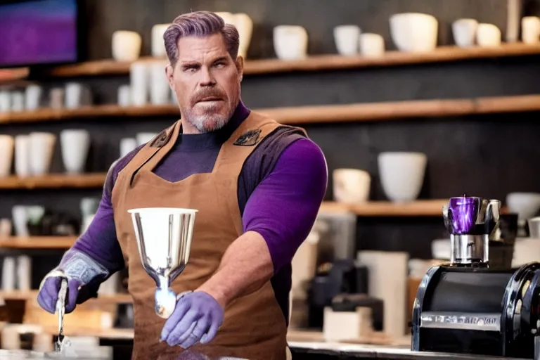 Image similar to a film still of thanos working as a starbucks barista in an upcoming movie, 4 k