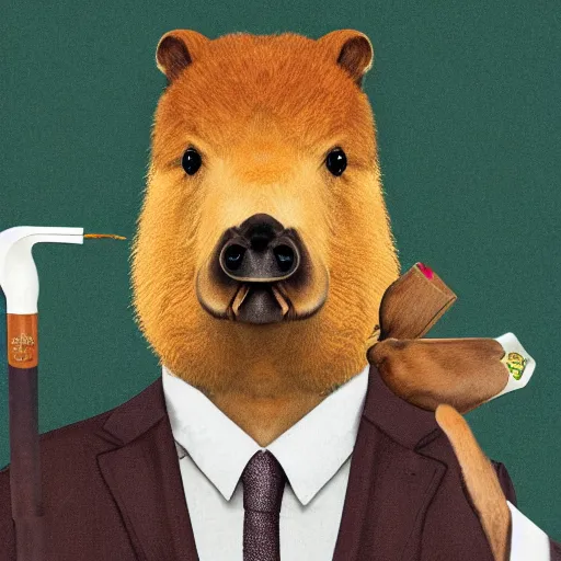 Image similar to a high detail photo of an antropomorphic capybara wearing a suit smoking a cigarrette, subject= duck, subject detail: wearing a suit, subject action: smoking a cigarrette photorealism