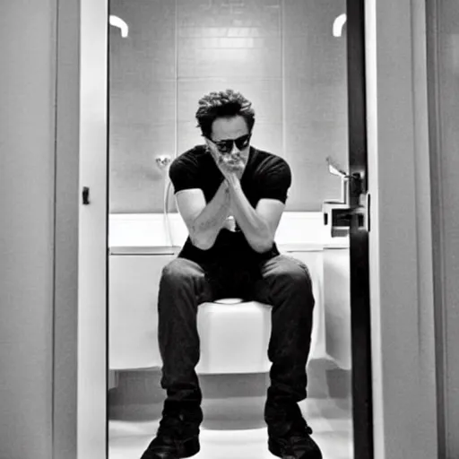 Prompt: Robert Downey Jr. in the bathroom, paparazzi, photography,