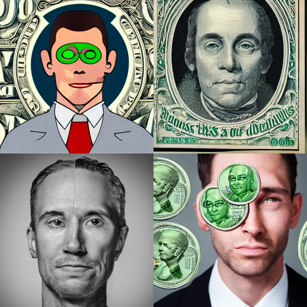 Prompt: frontal portrait of a business man whose flesh is green dollar bills with coins for nails and eyes of diamond