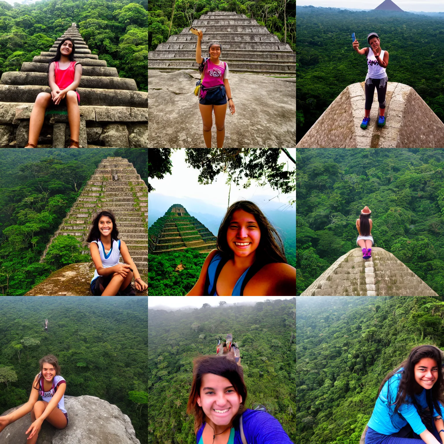 Prompt: A selfie of a teenage girl sitting on top of a Mesoamerican pyramid in a South American rainforest