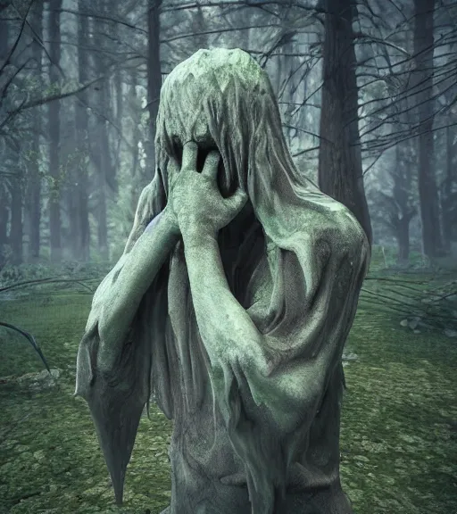 Prompt: weeping demon statue in graveyard surrounded by beautiful forest, grainy film photo, cgsociety, octane render, trending on artstation, artstationHD, artstationHQ, unreal engine, 4k, 8k