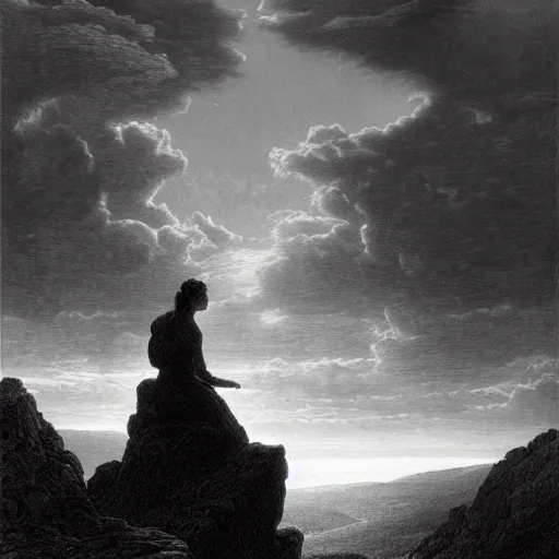 Prompt: A lonely woman looks down from a huge cliff, mountains, gorgeous view, velly distant forest, distant city, distant glow, night, sunset, dramatic light, Chiaroscuro, long shadows, dark, masterpiece, high detail, detailed, illustration by Paul Gustave Doré