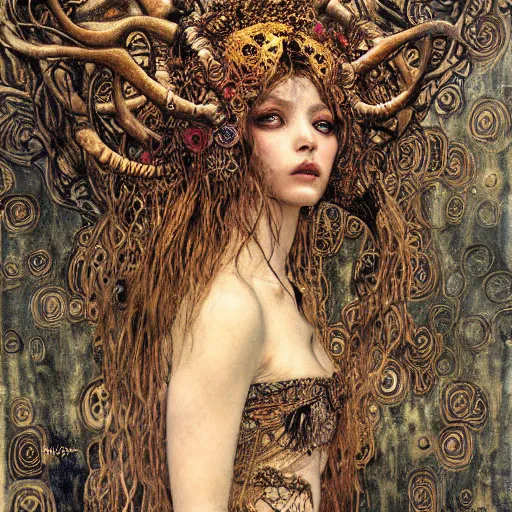 Image similar to horned demon, intricate detail, klimt, royo, whealan,