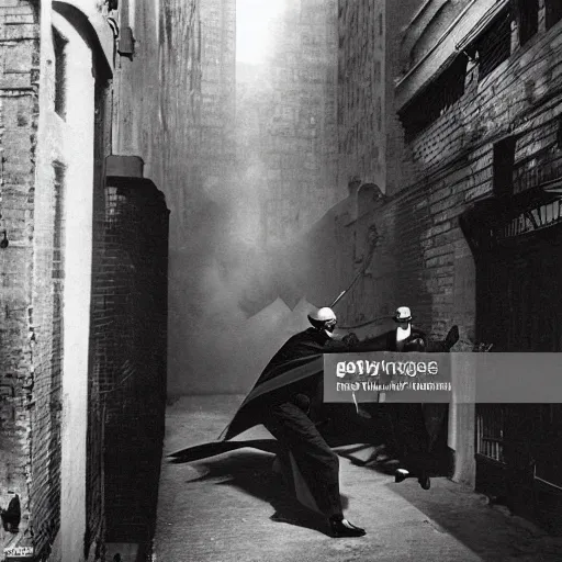 Image similar to old black and white photo, 1 9 2 5, depicting batman fighting a al capone in an alley of new york city, rule of thirds, historical record