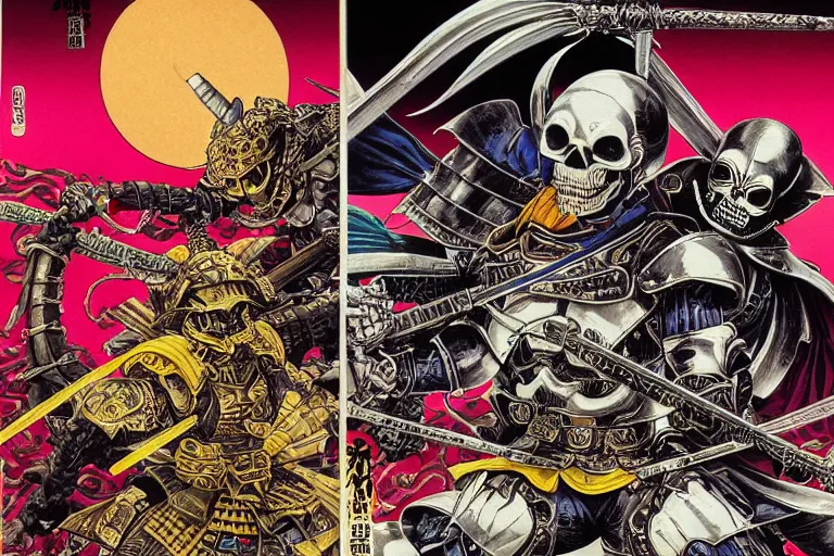 Image similar to portrait of two crazy skeletor samurais battle each other, with japanese armor and helmet, by yoichi hatakenaka, masamune shirow, josan gonzales and dan mumford, ayami kojima, takato yamamoto, barclay shaw, karol bak, yukito kishiro