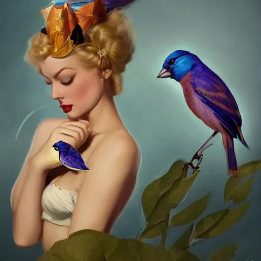 Prompt: pinup girl holding an indigo bunting, bird, the bird is wearing a crown and bowtie by greg rutkowski, rossdraws, gil elvgren, enoch bolles, anime, very coherent