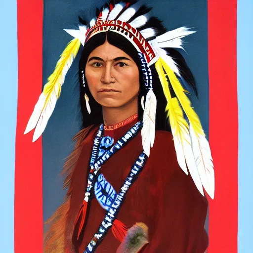 Prompt: Young Native American Woman as United States Emperor in her Ceremonial Garb, 1966, Stars and Stripes, Oil on Canvas