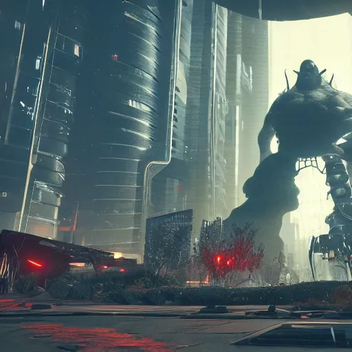 Prompt: cyberpunk boss fight, giant orc. cinematic wide shot