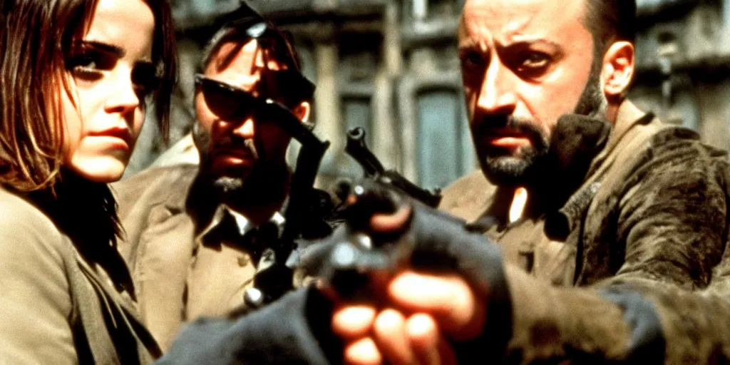 Image similar to Emma Watson and Jean Reno in Leon The Professional holding guns