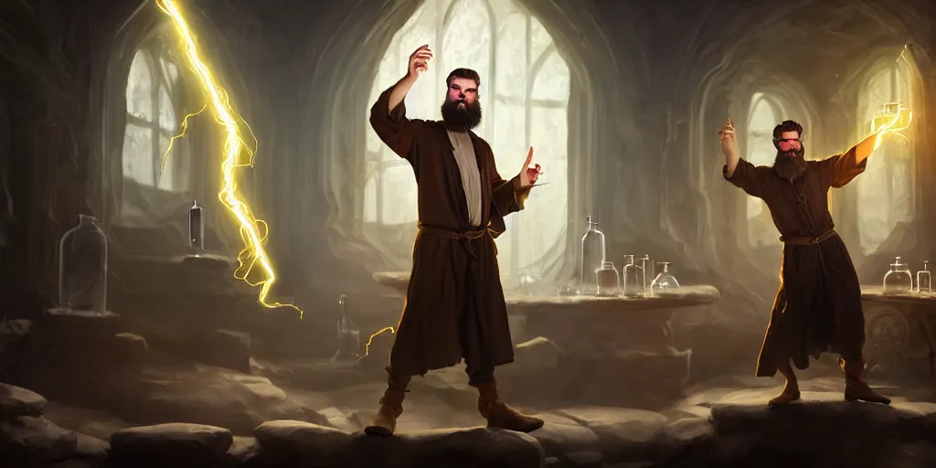 Image similar to a handsome bearded caucasian male sorcerer with brown hair he is casting a spell with flowing energy, he is in a alchemist lab filled with beakers and equipment, neutral pose, epic composition, 4 k, light rays, super coherent, by dave melvin 2. 0 | dan luvisi 1. 0 | greg rutkowski 0. 5