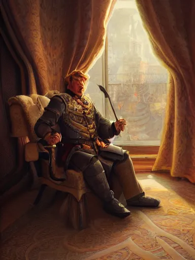 Image similar to a pleasured happy noble man siting in his armchair. intricate, elegant, highly detailed, digital painting, artstation, concept art, sharp focus, illustration, by justin gerard and artgerm, 8 k