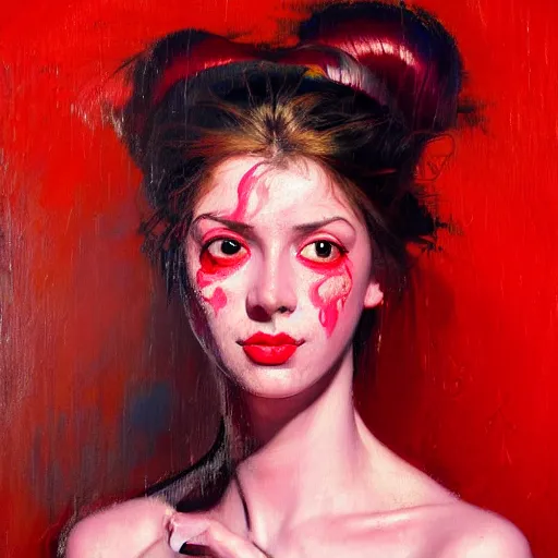 Prompt: Oil painting expressionist Portrait of a girl with vibrant red and pink background, actress, defined upper body, orientalist portrait of female sage, fantasy, face, intricate, elegant, highly detailed, oil painting, artstation, concept art, smooth, sharp focus, illustration, art by Heady Tale and Francis Bacon and Artem Demura and Norman Rockwell. Jamie Hewlett, Ralph Steadman