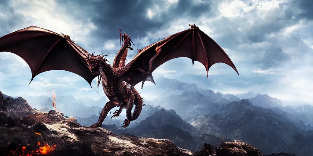 Image similar to A impressive single dragon with half open wings breathing fire and standing on the top of a mountain, epic composition, epic lighting, detailed and intricate image, cinematic, 4K