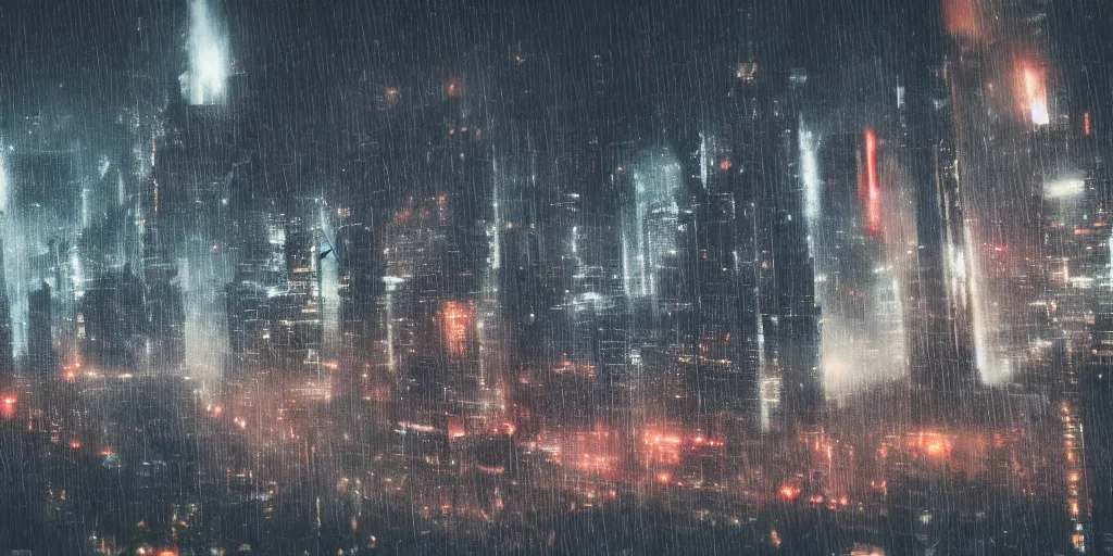 Image similar to 35mm photography film still landscape of cyberpunk city with industrial fires and smog, futuristic dystopian megacity skyline, rain falling, matte painting, cyberpunk noir, neon, sharp focus