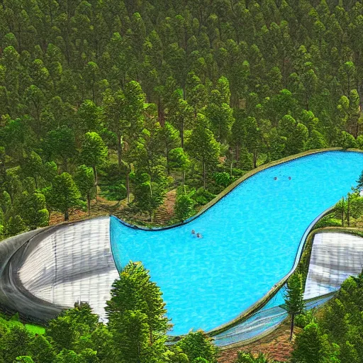 Image similar to abnormally large and complex shaped swimming pool in the middle of the forest, high details, ultra realistic, high fidelity