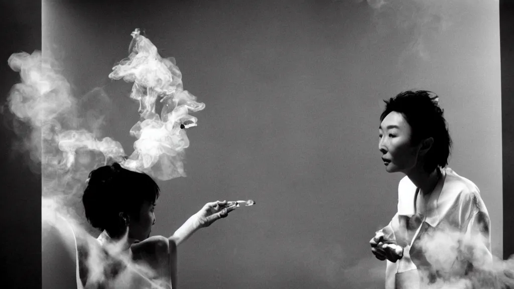 Prompt: Maggie Cheung doing vape tricks, 35mm film still, rule of thirds, by Jean Luc-Godard