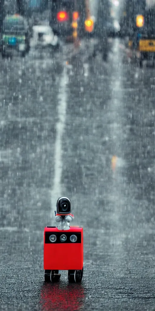 Image similar to robot on the road, city, photo, rain,