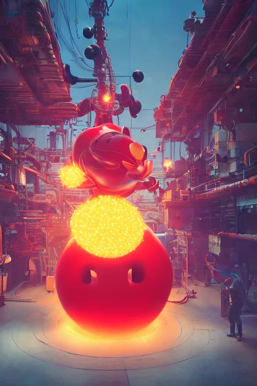 Prompt: bunch of mechanics working on big mickey mouse head, red glowing netflix logo behind, made by beeple, cgsociety, unreal engine, octane render, greg rutkowski, alphonse mucha, cinematic lighting, dark room, low light, sharp focus, 4 k highly detailed art