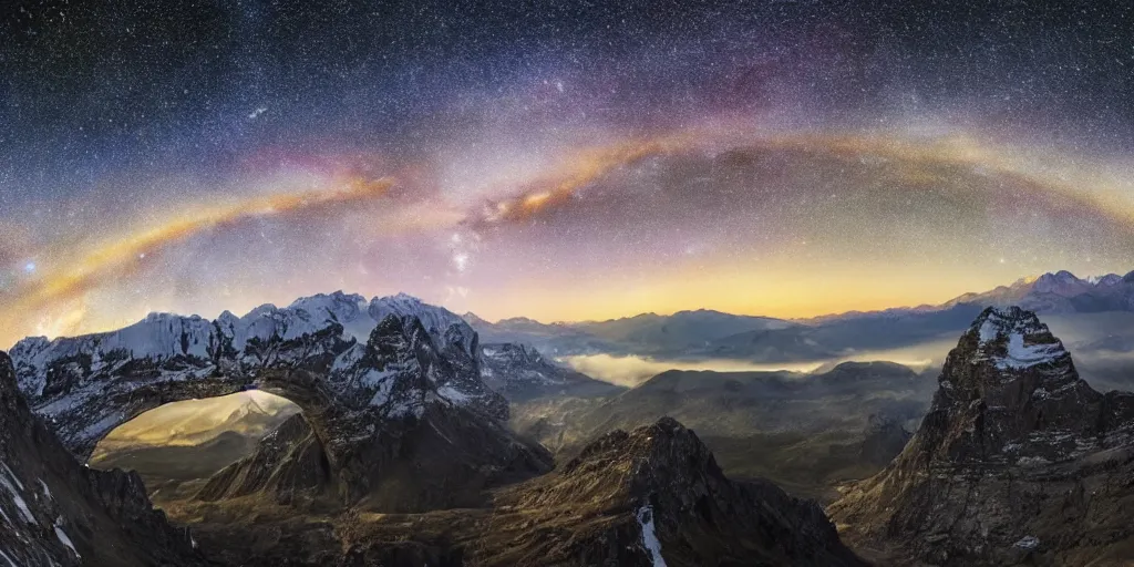 Image similar to Galaxy arch, the foreground is snowy mountains and lakes, in the style of National Geographic magazine