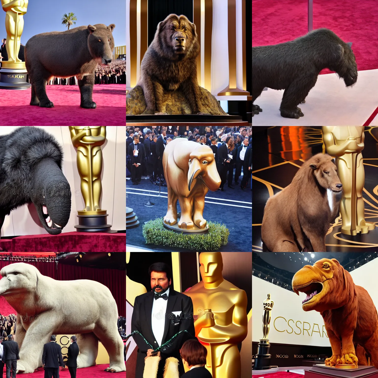 Prompt: giant very realistic mammooth animal at the oscars ceremony, stock photo, kodachrome, very low angle