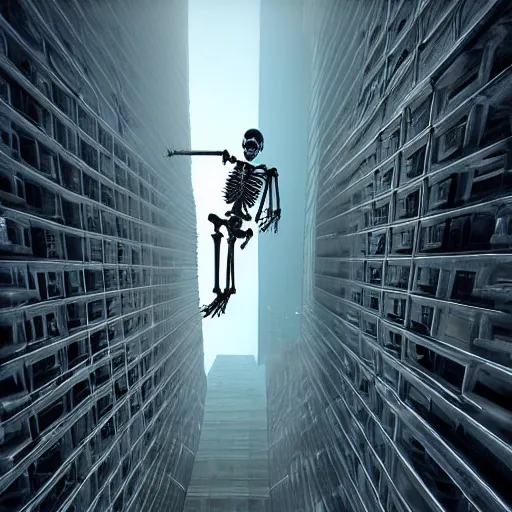 Prompt: giant human skeleton climbing the side of a skyscraper, 4 k, volumetric lighting, epic scale, surrealism, dystopian, photograph
