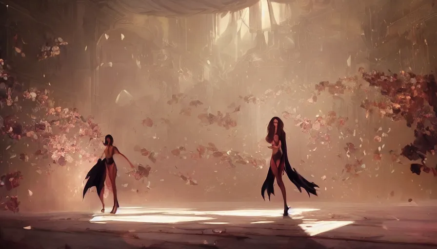 Prompt: victoria secret runway show, light, shadows, reflections, flowers, epic composition, intricate, elegant, volumetric lighting, digital painting, highly detailed, artstation, sharp focus, illustration, concept art, ruan jia, steve mccurry, artgerm and mina petrovic and timothy kong and marina federovna