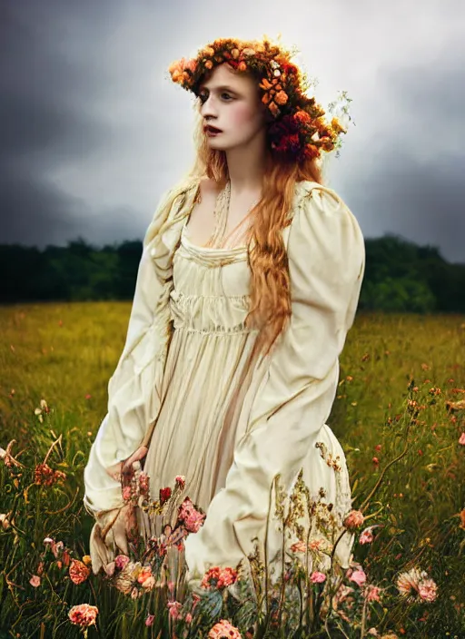 Image similar to kodak portra 1 0 0 photo medium portrait of a pre - raphaelite blond beautiful woman, dress in flowers, dreamy mood, fine art photography in style of nicholas fols, 1 5 0 mm, emotionally evoking, head in focus, stormy clouds outdoor, matt mute colour background, volumetric lighting, hyper realistic, ultra detailed