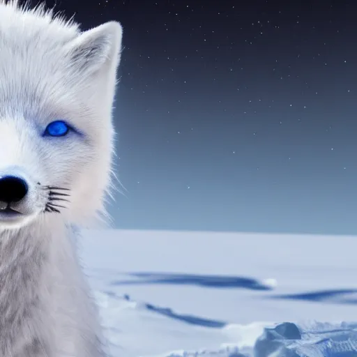 Image similar to arctic fox, detailed eyes, glowing, Milky Way background, octane, cinematic, hyper realism, high detail, octane, 8k