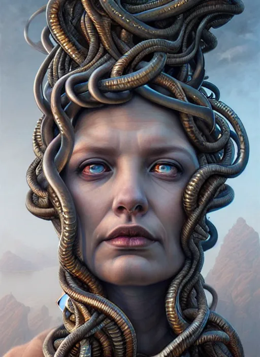 Image similar to closeup portrait shot of a medusa in a scenic dystopian environment, intricate, elegant, highly detailed, centered, digital painting, artstation, concept art, smooth, sharp focus, illustration, artgerm, tomasz alen kopera, peter mohrbacher, donato giancola, joseph christian leyendecker, wlop, boris vallejo