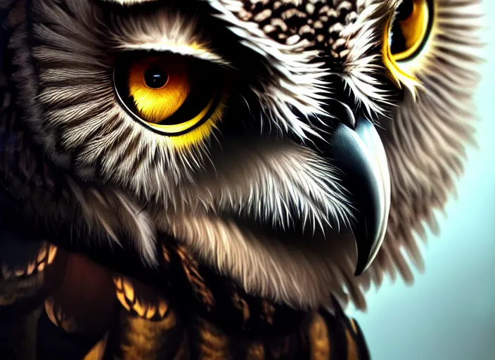 Image similar to portrait of an owl, highly detailed, d & d, fantasy, highly detailed, digital painting, trending on artstation, concept art, sharp focus, illustration, global illumination, ray tracing, realistic shaded, art by artgerm and greg rutkowski and fuji choko and viktoria gavrilenko and hoang lap