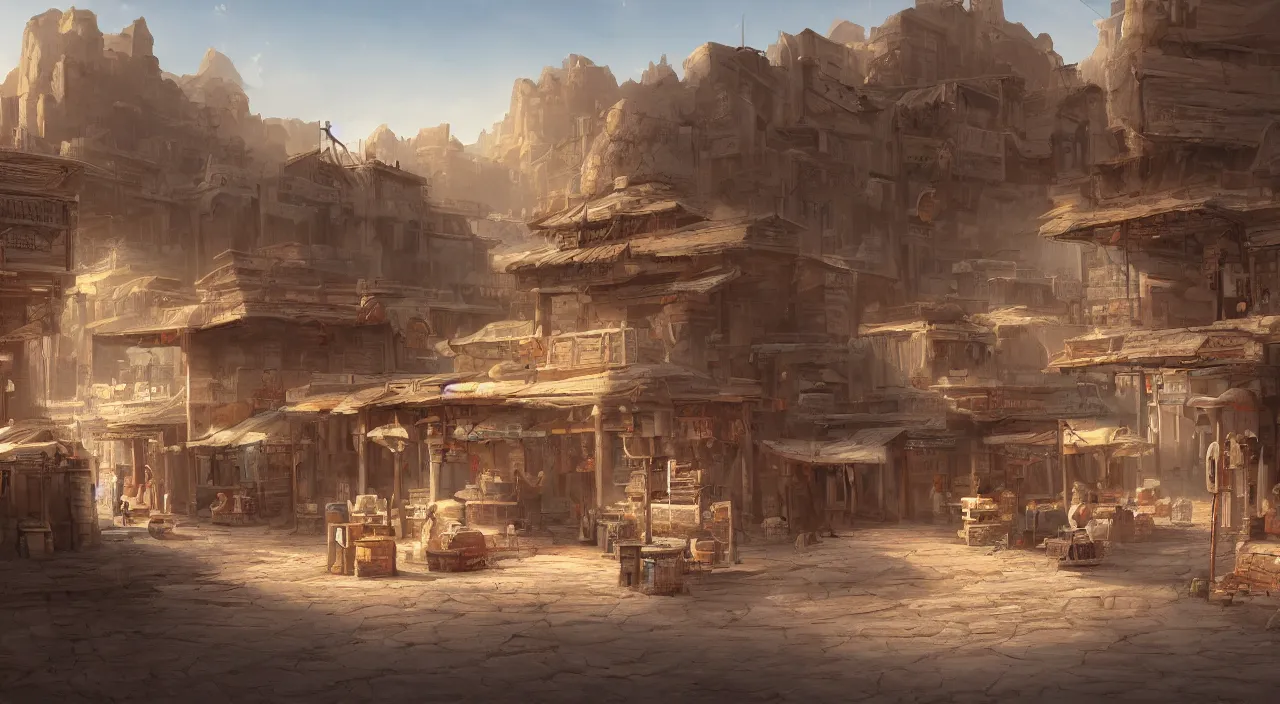 Prompt: matte painting of a quiet marketplace in a desert town, artstation