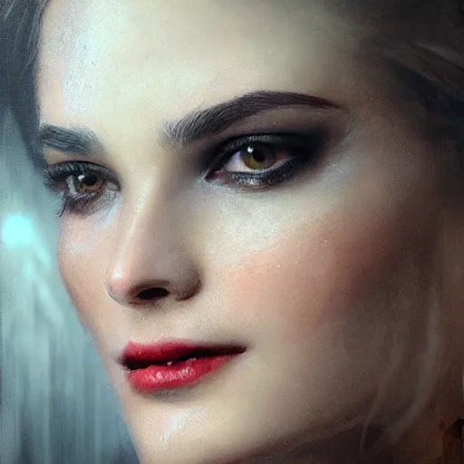 Image similar to beautiful close up portrait vampire, elegant, detailed. epic cinematic hyperrealism masterpiece. realistic poster with shaded lighting by craig mallismo, artgerm, jeremy lipkin and michael garmash, unreal engine, radiant light, detailed and complex environment, digital art, art station trends, detailed faces, detailed eyes