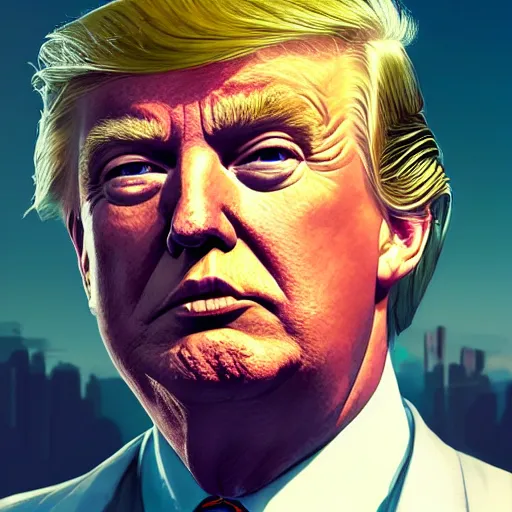 Image similar to highly detailed portrait, donald trump, in gta v, stephen bliss, unreal engine, fantasy art by greg rutkowski, loish, rhads, ferdinand knab, makoto shinkai and lois van baarle, ilya kuvshinov, rossdraws, tom bagshaw, global illumination, radiant light, detailed and intricate environment