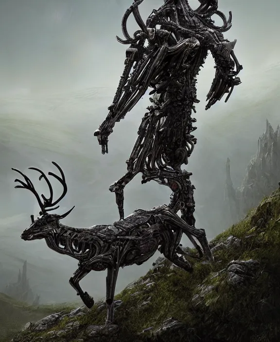 Image similar to a cybernetic reindeer standing on a hilltop, by hr giger and beksinski and stephan martiniere, 4 k resolution, detailed, 3 d render, unreal engine, octane render, trending on artstation