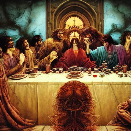 Prompt: realistic detailed image of The Last Supper by Ayami Kojima, Amano, Karol Bak, Greg Hildebrandt, and Mark Brooks, Neo-Gothic, gothic, rich deep colors. Beksinski painting, part by Adrian Ghenie and Gerhard Richter. art by Takato Yamamoto. masterpiece