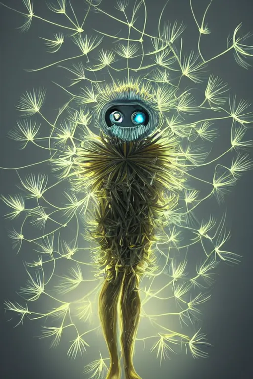 Prompt: a glowing humanoid figure dandelion monster with large eyes, highly detailed, digital art, sharp focus, trending on art station, artichoke, anime art style
